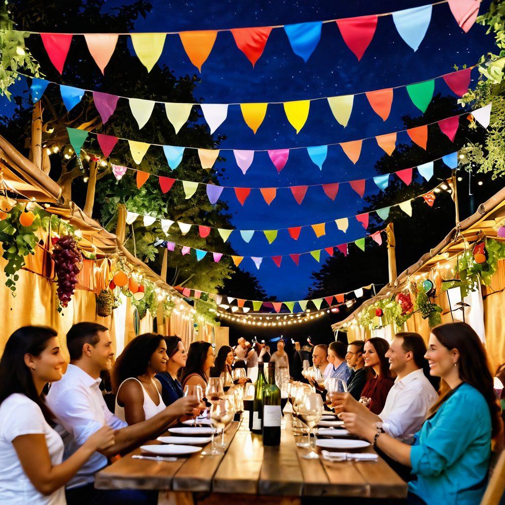 A vibrant wine festival scene showcasing diverse people enjoying wine together under colorful banners. Include an array of wine bottles and glasses on rustic wooden tables, with traditional decorations reflecting cultural heritage, vibrant greenery, and festive music notes in the air. Incorporate soft, warm lighting to evoke a sense of warmth and joy. super-realistic. vibrant colors. festive atmosphere.