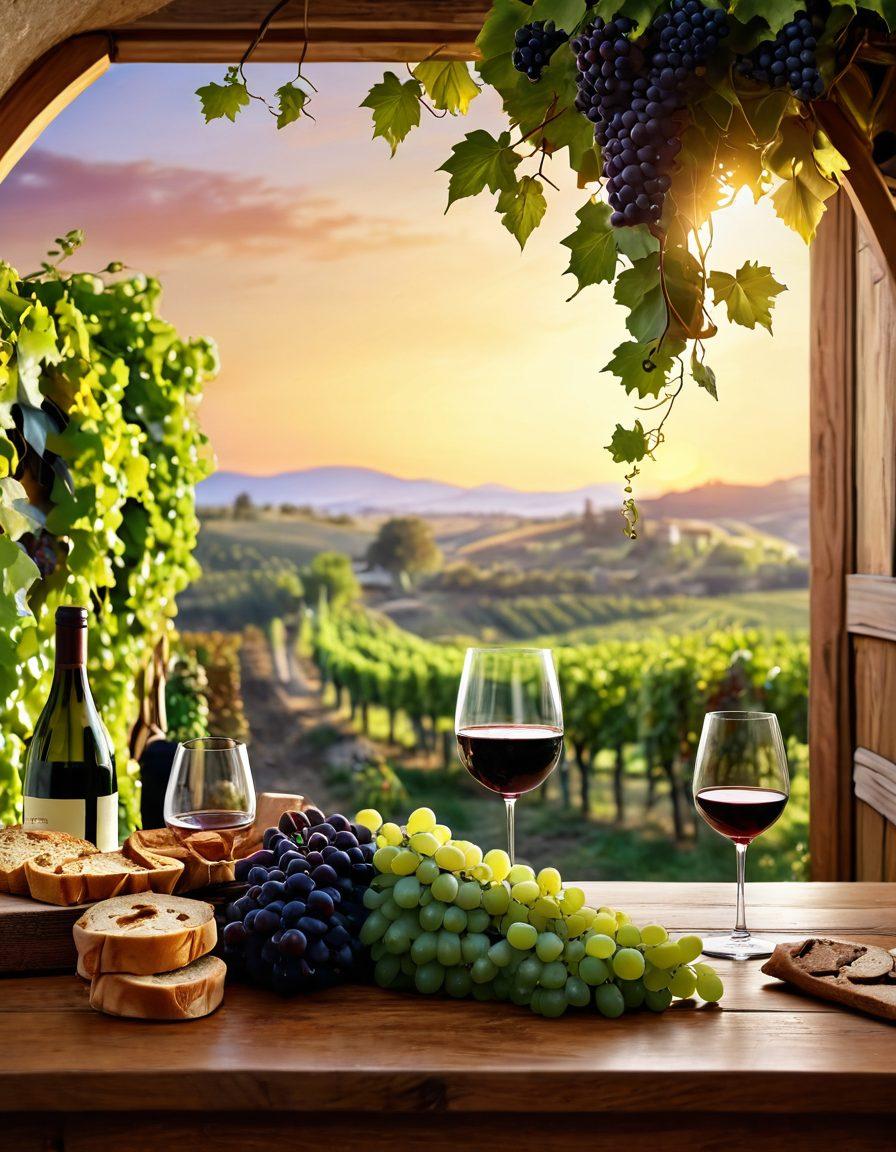 A picturesque vineyard at sunset with lush green grapevines and ripe grapes hanging, transitioning into an elegant wooden dining table set with fine wine glasses and artisanal bread. A sommelier is pouring wine from a decanter, with a backdrop showcasing a rustic winery. Soft, warm light illuminates the scene, creating an inviting atmosphere. super-realistic. vibrant colors. 3D.