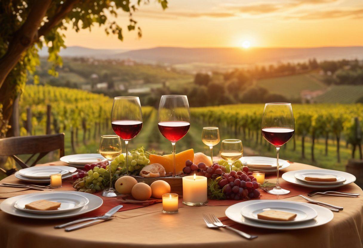 A warm and inviting scene featuring a beautifully set dinner table with elegant wine glasses filled with red and white wine, surrounded by a variety of delicious dishes. Soft candlelight flickers, casting a cozy glow as friends clink their glasses in celebration. The background shows a lush vineyard under a golden sunset, enhancing the feeling of connection and joy. The overall atmosphere exudes warmth and togetherness. super-realistic. warm colors. soft focus.